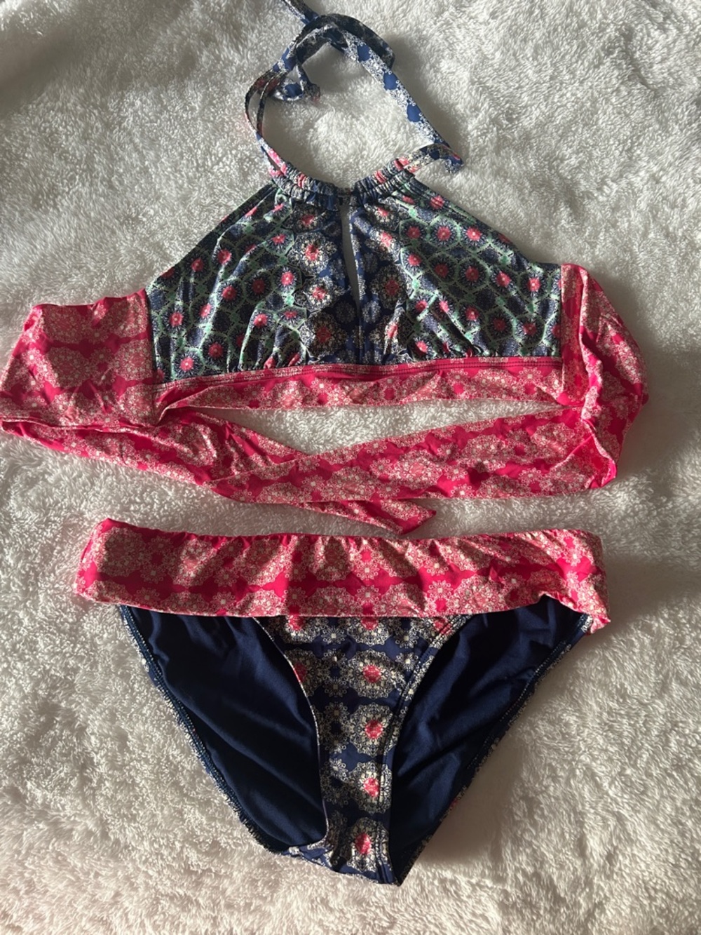 Gibson Latimer Navy and Bright Pink Patterned Bikini Set